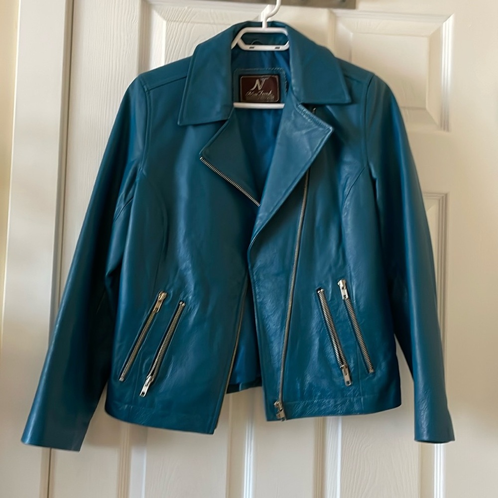Teal blue leather moto biker jacket